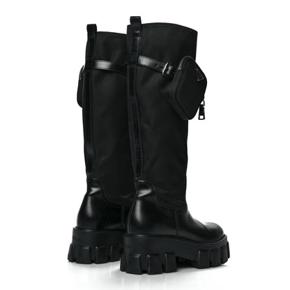 Prada Spazzolato Rois Re-Nylon Metal Triangle Logo Monolith Pouch Pocket 55mm Tall Boots 38 Black 4 of 10