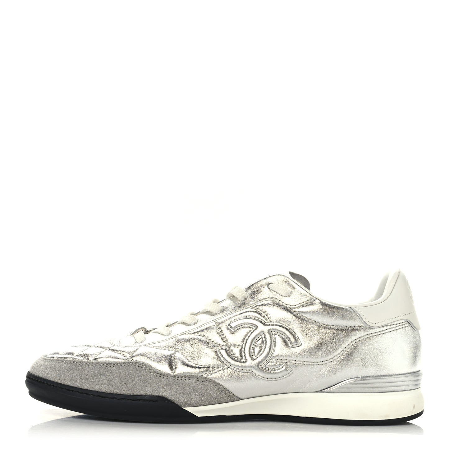 Laminated Calfskin Suede Quilted Womens CC Sneakers 41 Silver White Gray