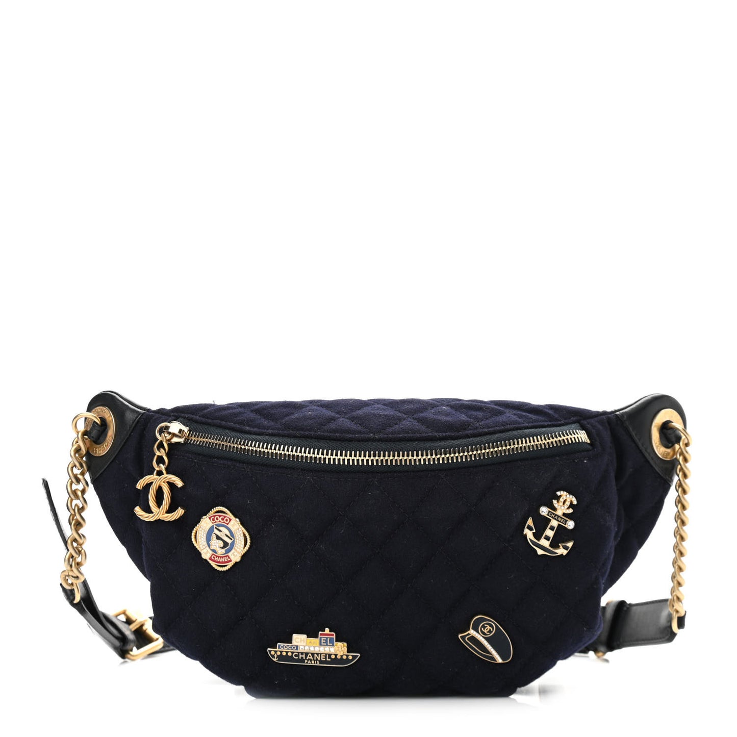 Wool Lambskin Quilted Paris Hamburg Charms Waist Bag Dark Navy