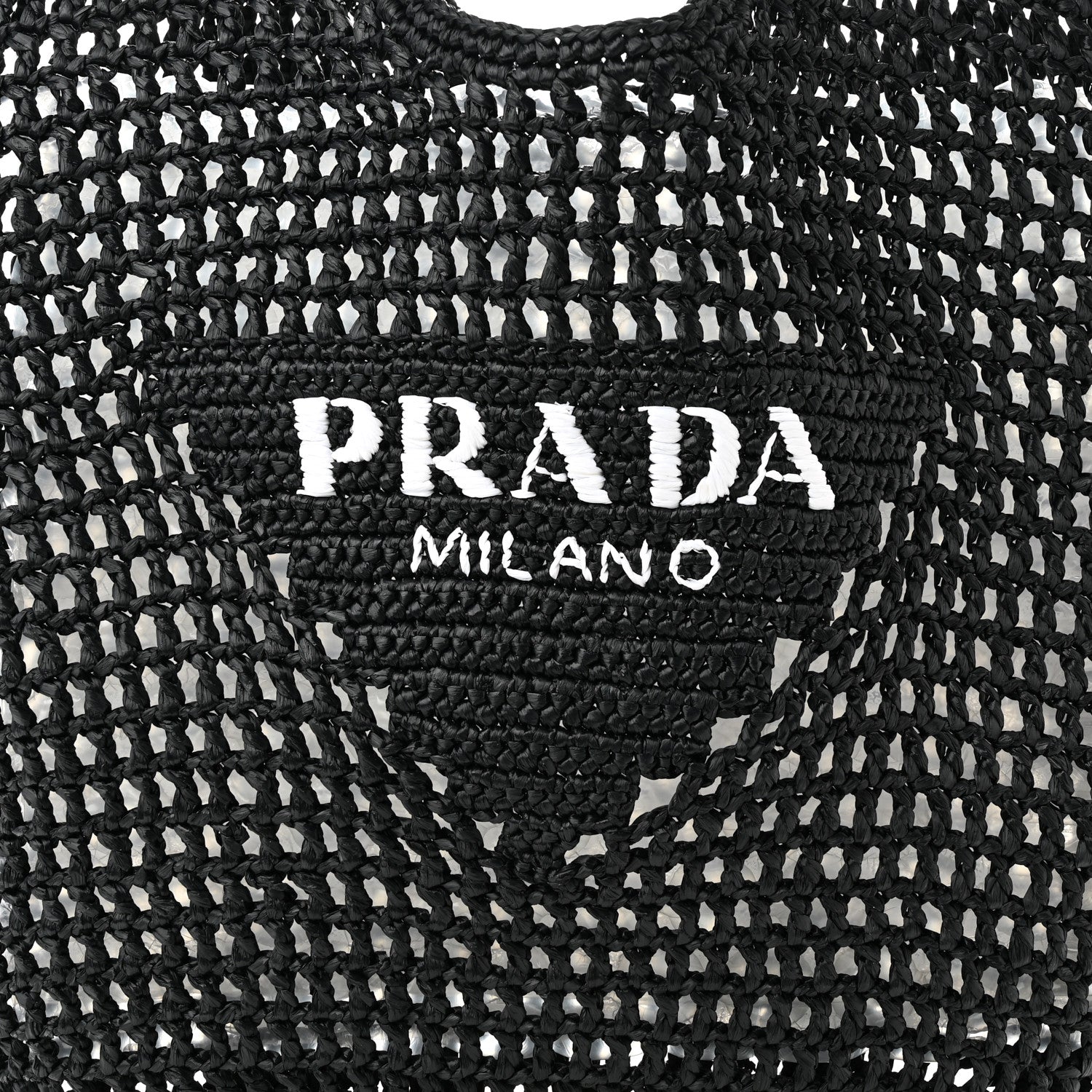 Prada Yarn Raffia Effect Crochet Logo Embroidered Shopping Tote Bag Black 7 of 9
