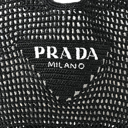 Prada Yarn Raffia Effect Crochet Logo Embroidered Shopping Tote Bag Black 7 of 9