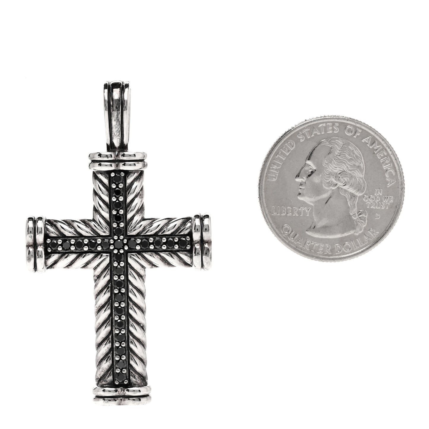 Sterling Silver Pave Black Diamond 41.5mm Chevron Cross Pendant