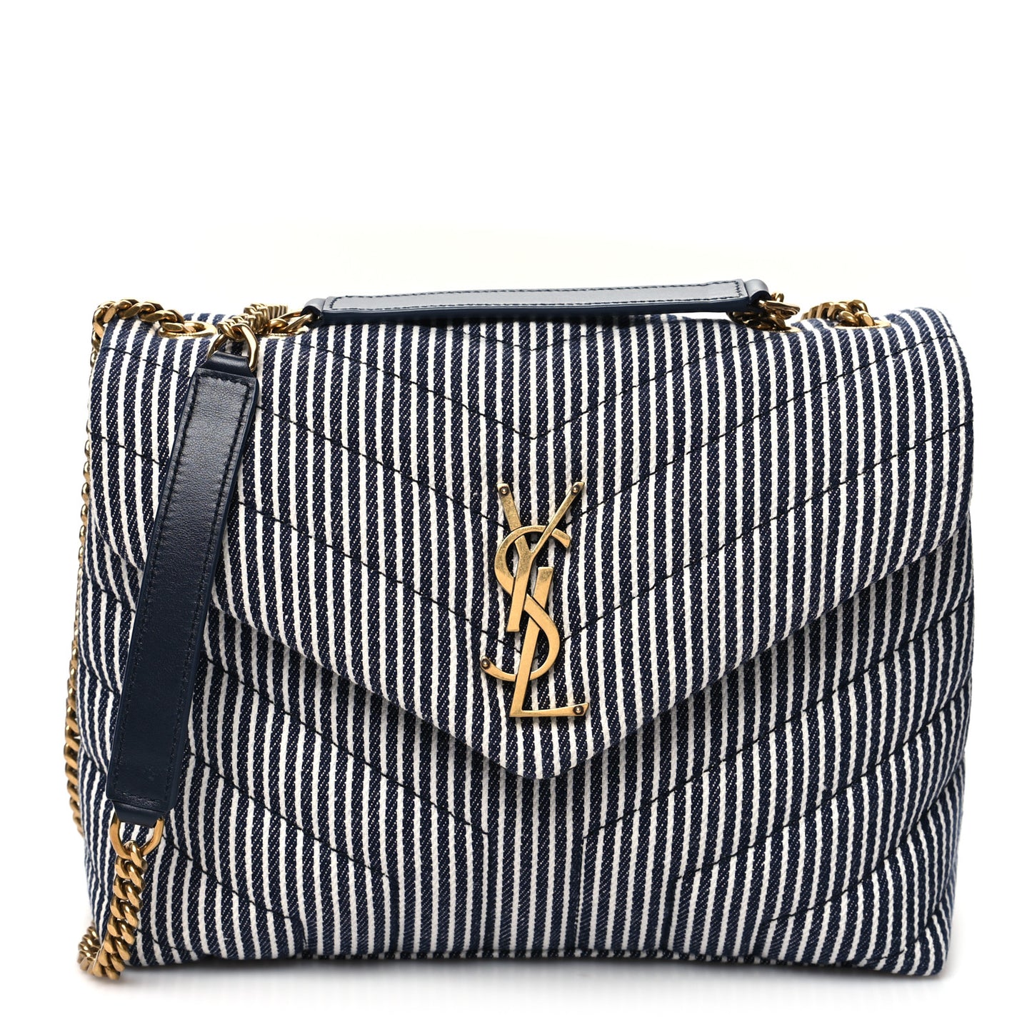 Striped Denim Y Quilted Monogram Small Loulou Chain Satchel Marine Vintage White