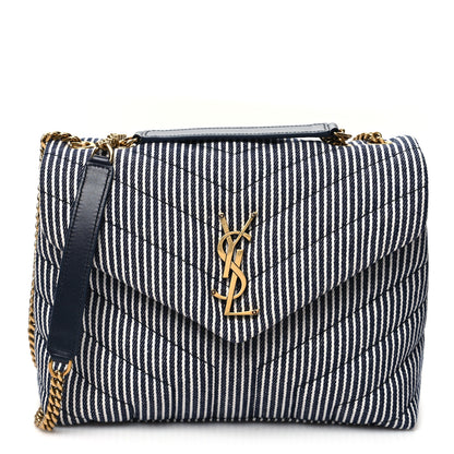 Saint Laurent Striped Denim Y Quilted Monogram Small Loulou Chain Satchel Marine Vintage White 1 of 12