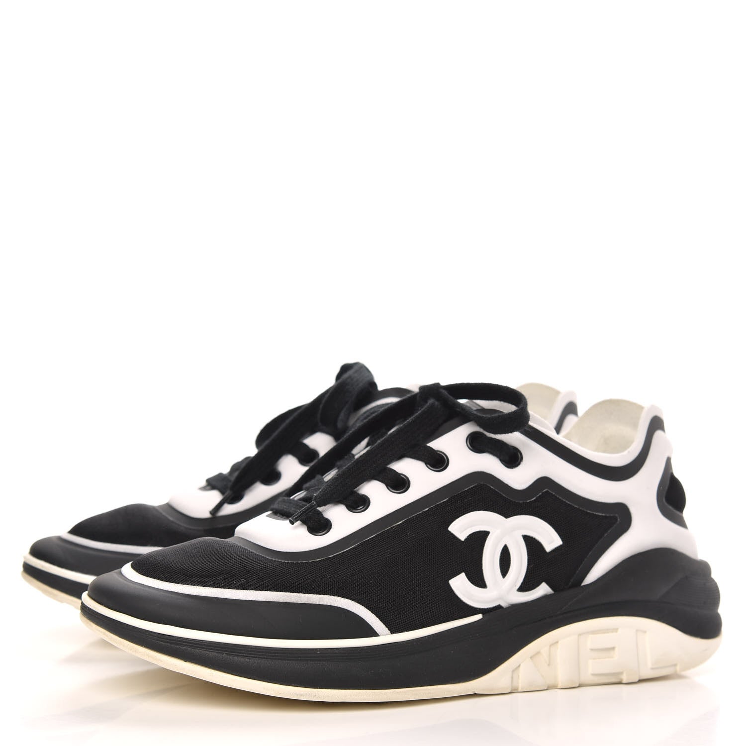 Chanel Lycra Womens CC Sneakers 37.5 Black White 3 of 8