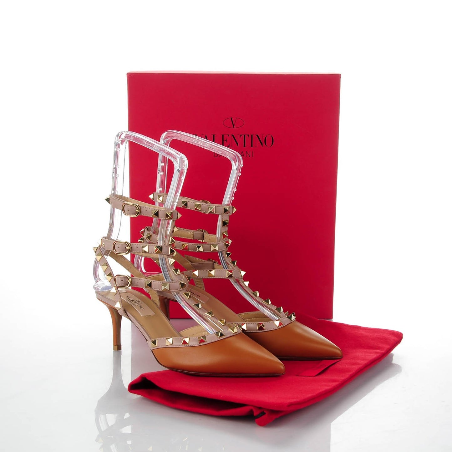 Nappa Rockstud Ankle Strap Low Heel Pumps 37 Cognac Poudre