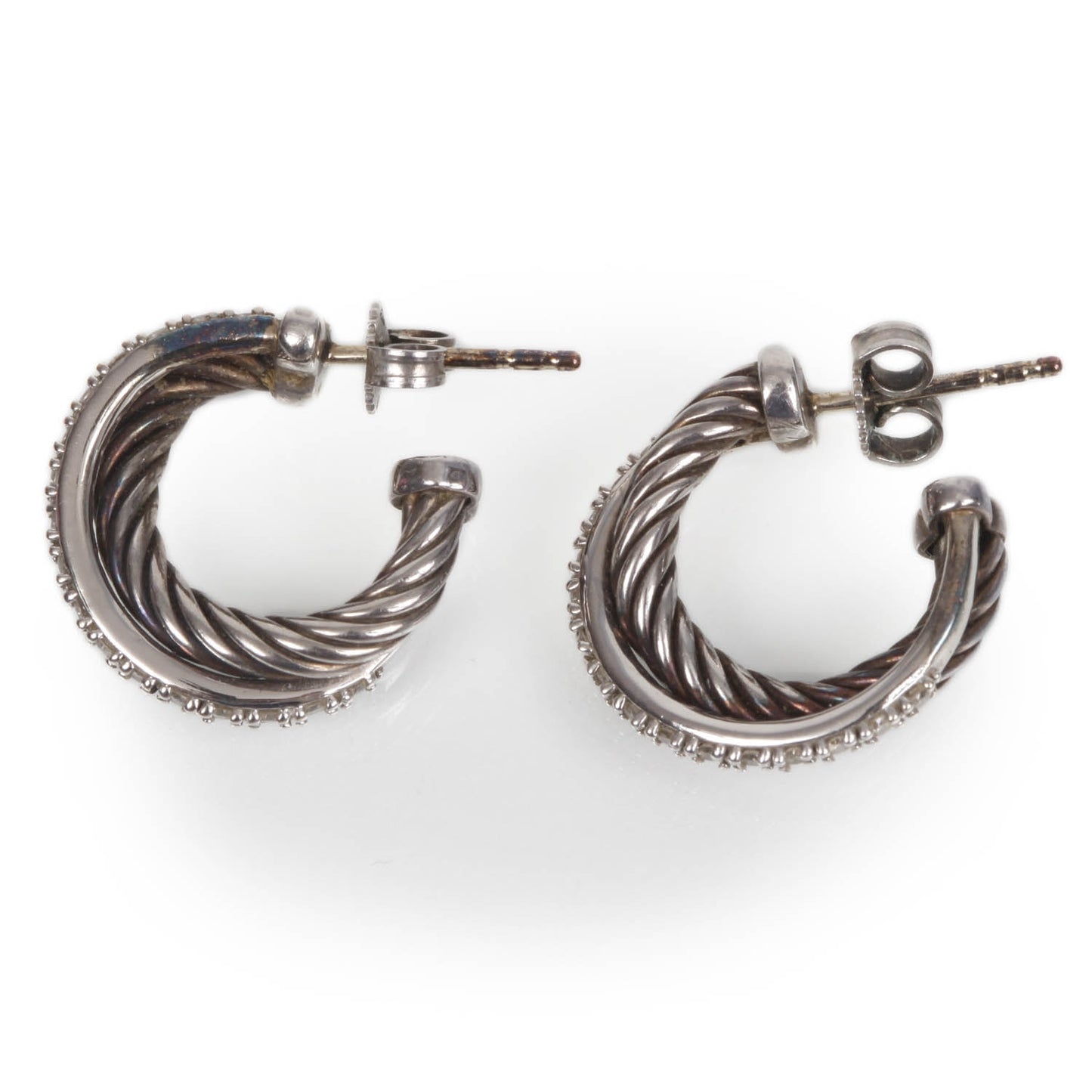 14k White Gold and Sterling Silver Pave Diamond Ice Crossover Diamond Hoop Earrings