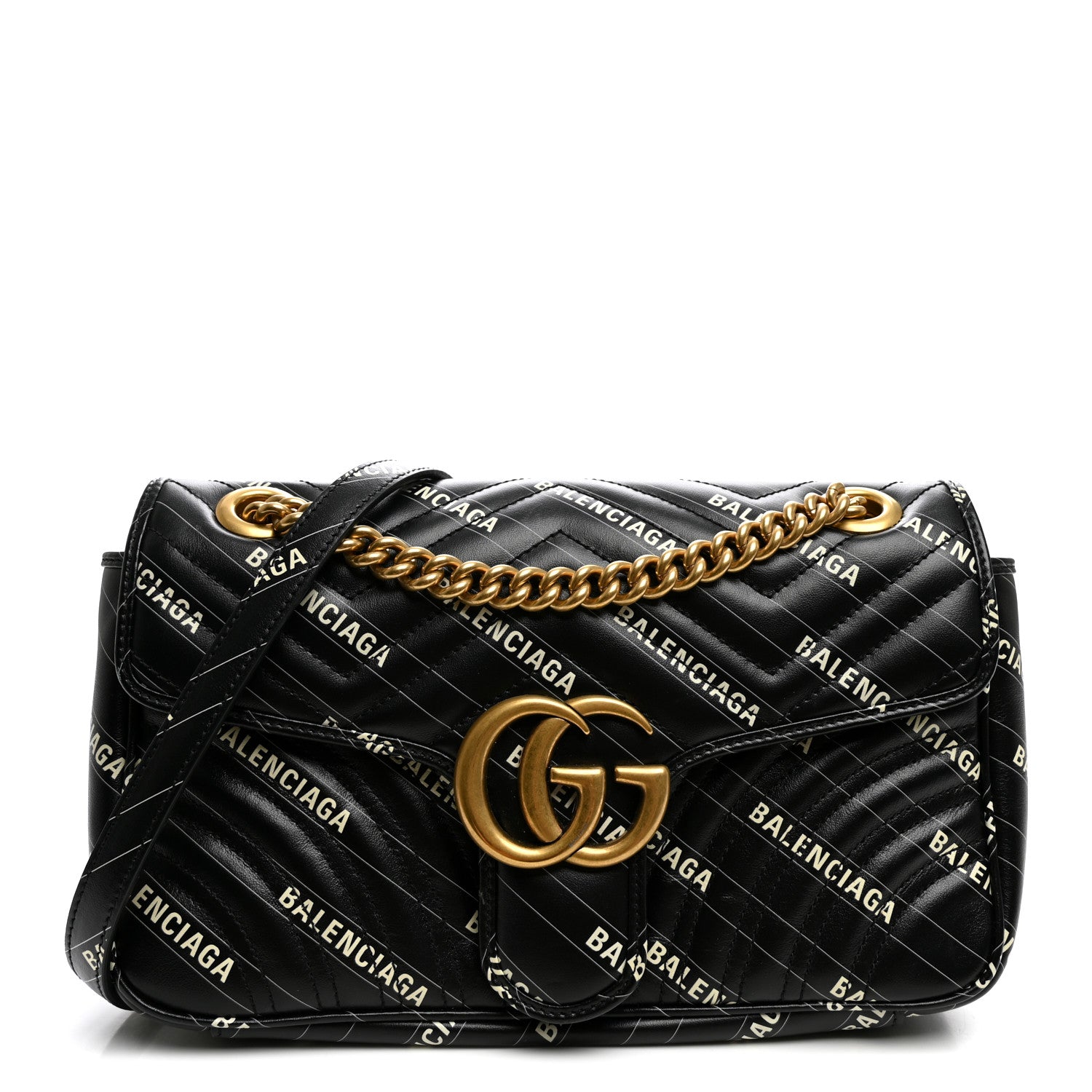Gucci X BALENCIAGA Calfskin Matelasse Logo Print Small GG Marmont Shoulder Bag Black 1 of 10