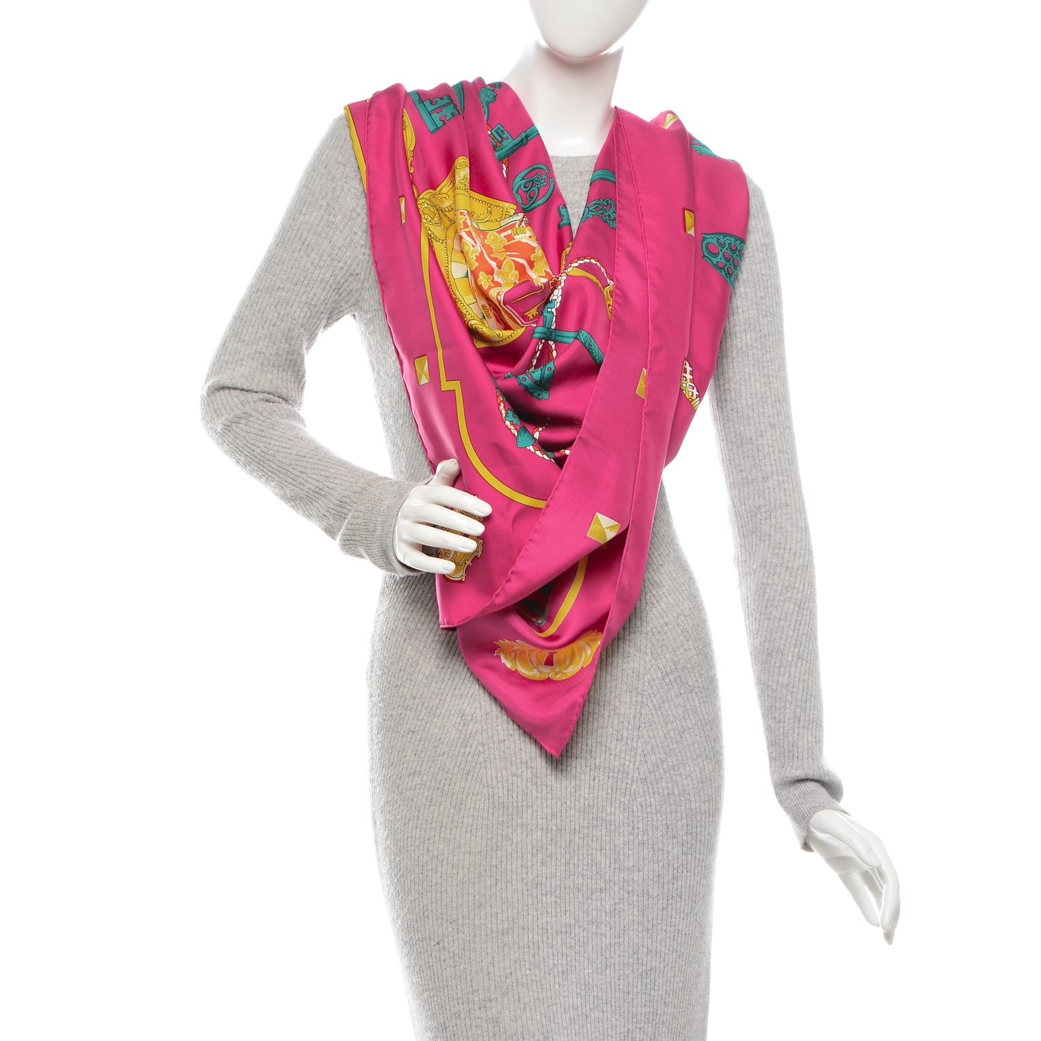 Hermes Silk Les Cles Shawl 140 Fuchsia Vert Orange 2 of 6