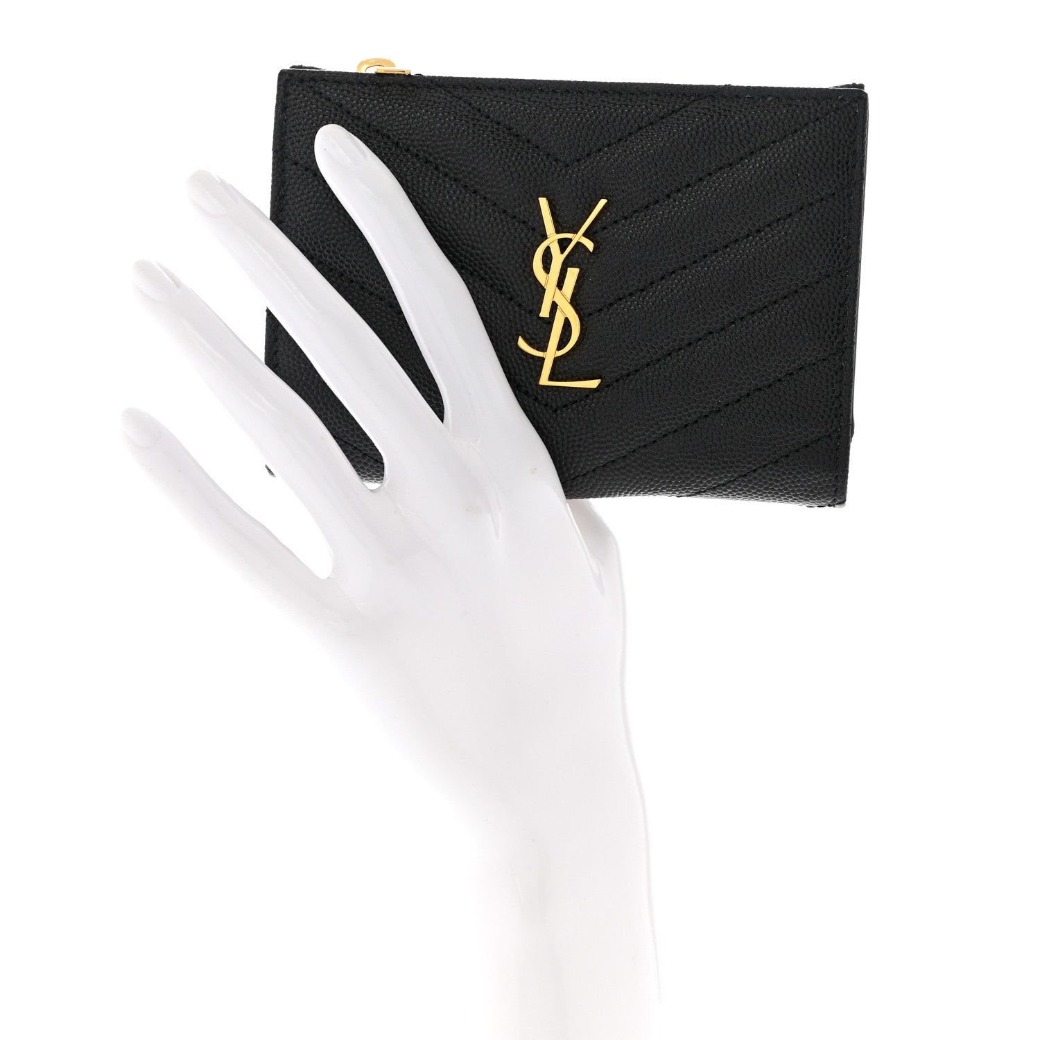 Saint Laurent Grain De Poudre Matelasse Chevron Monogram Zipped Two-Part Wallet Black 2 of 8