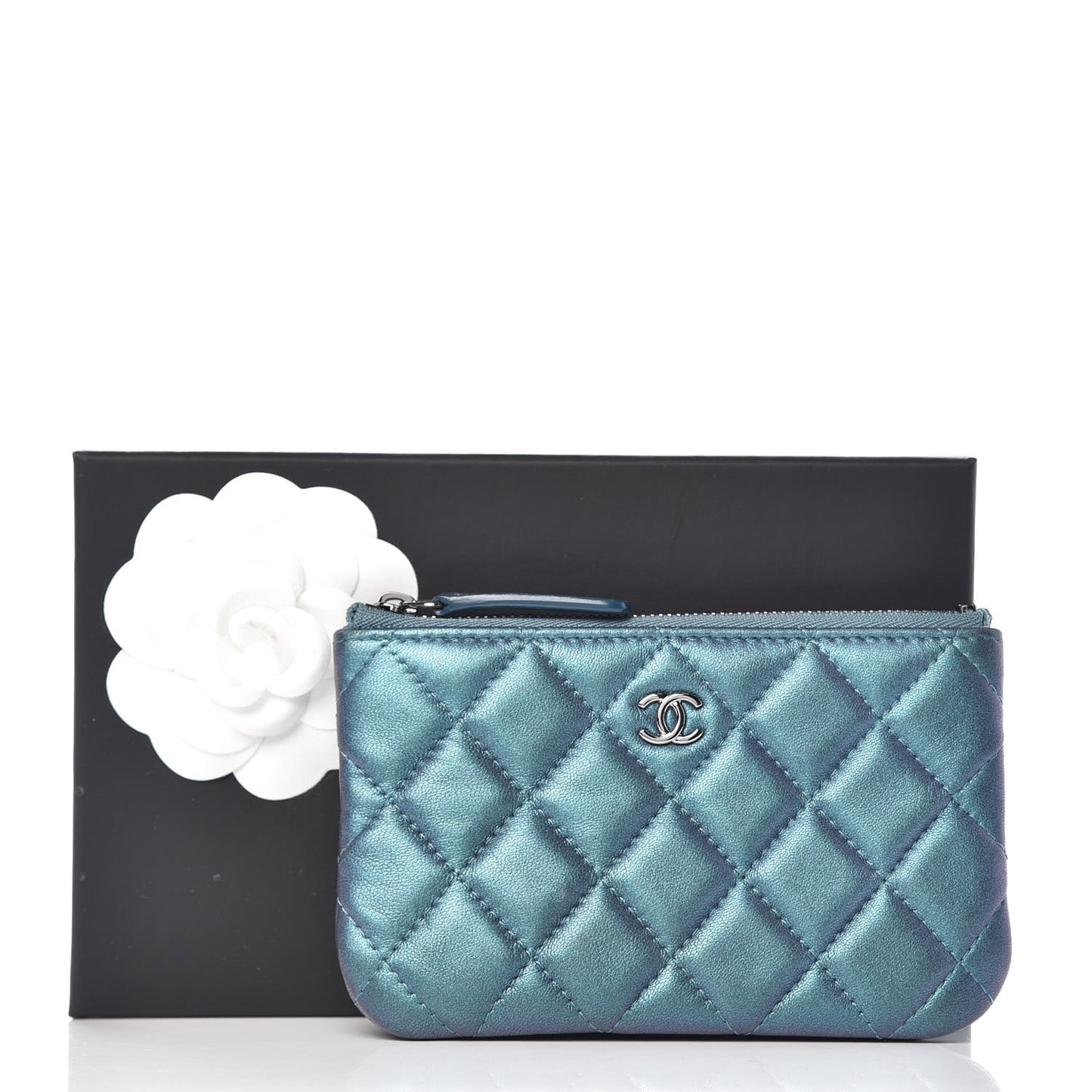 Iridescent Lambskin Quilted Small Cosmetic Case Turquoise