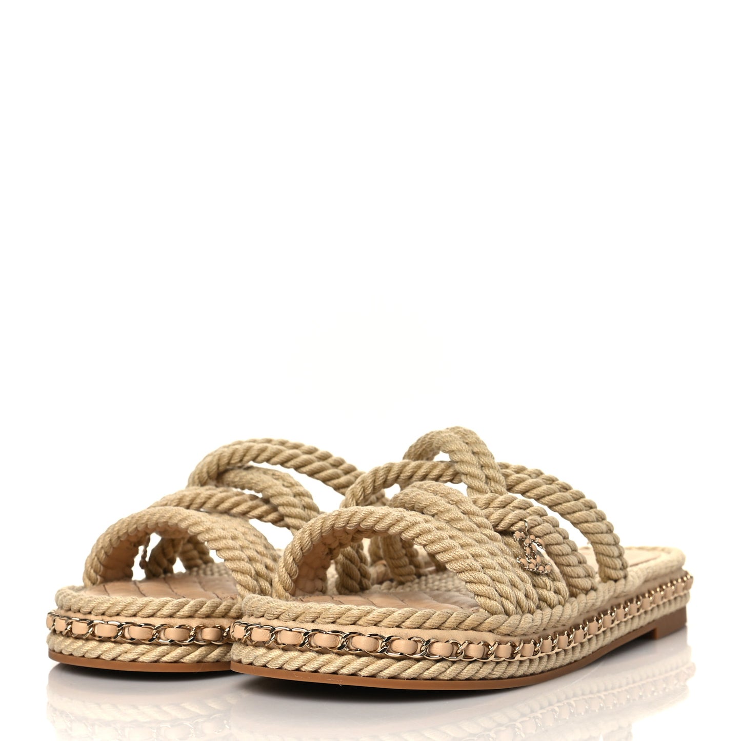 Cord Lambskin Chain Slide Sandals 38 Beige