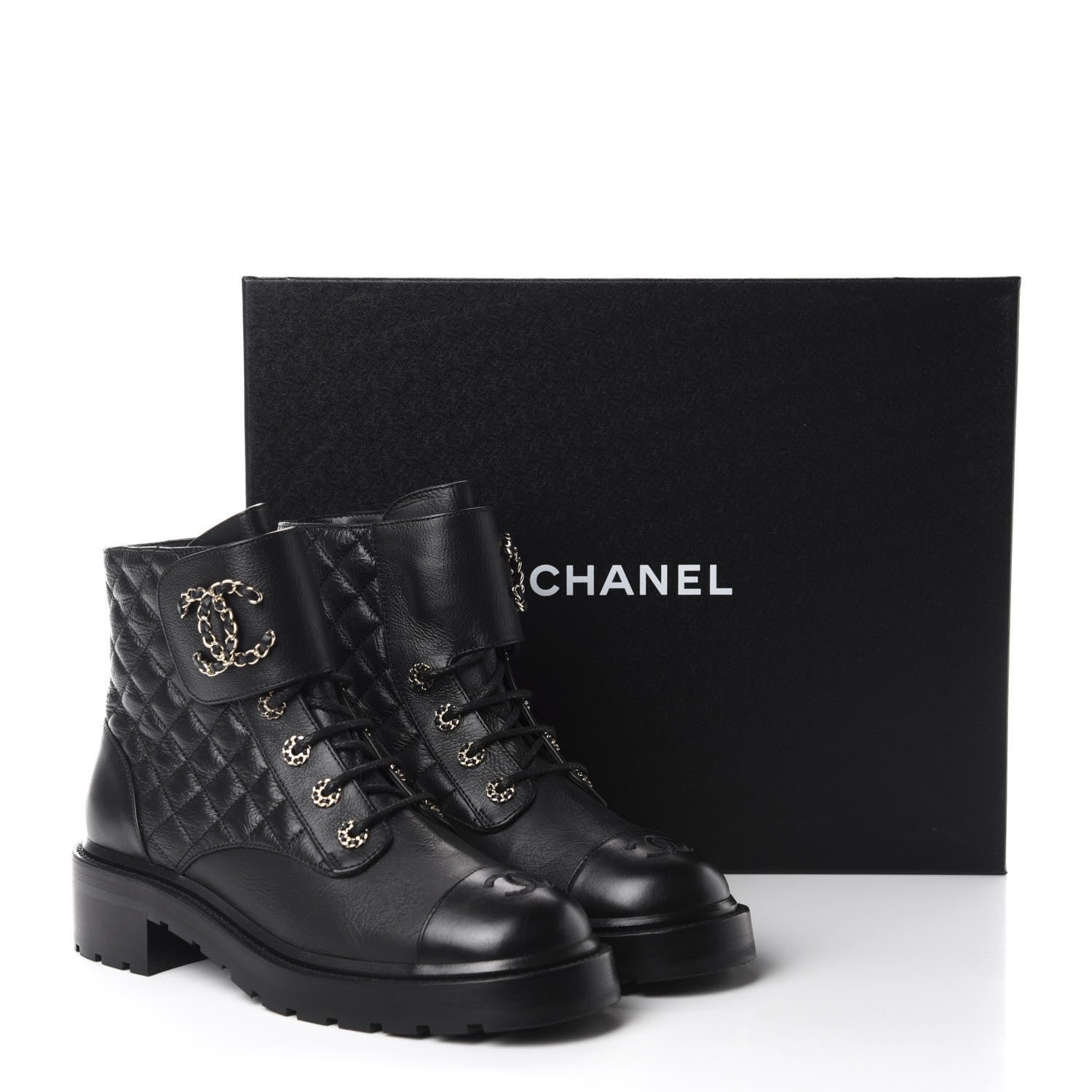 Chanel Shiny Goatskin Calfskin Quilted Lace Up Combat Boots 40.5 Black 11 of 11