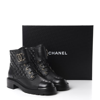 Chanel Shiny Goatskin Calfskin Quilted Lace Up Combat Boots 40.5 Black 11 of 11