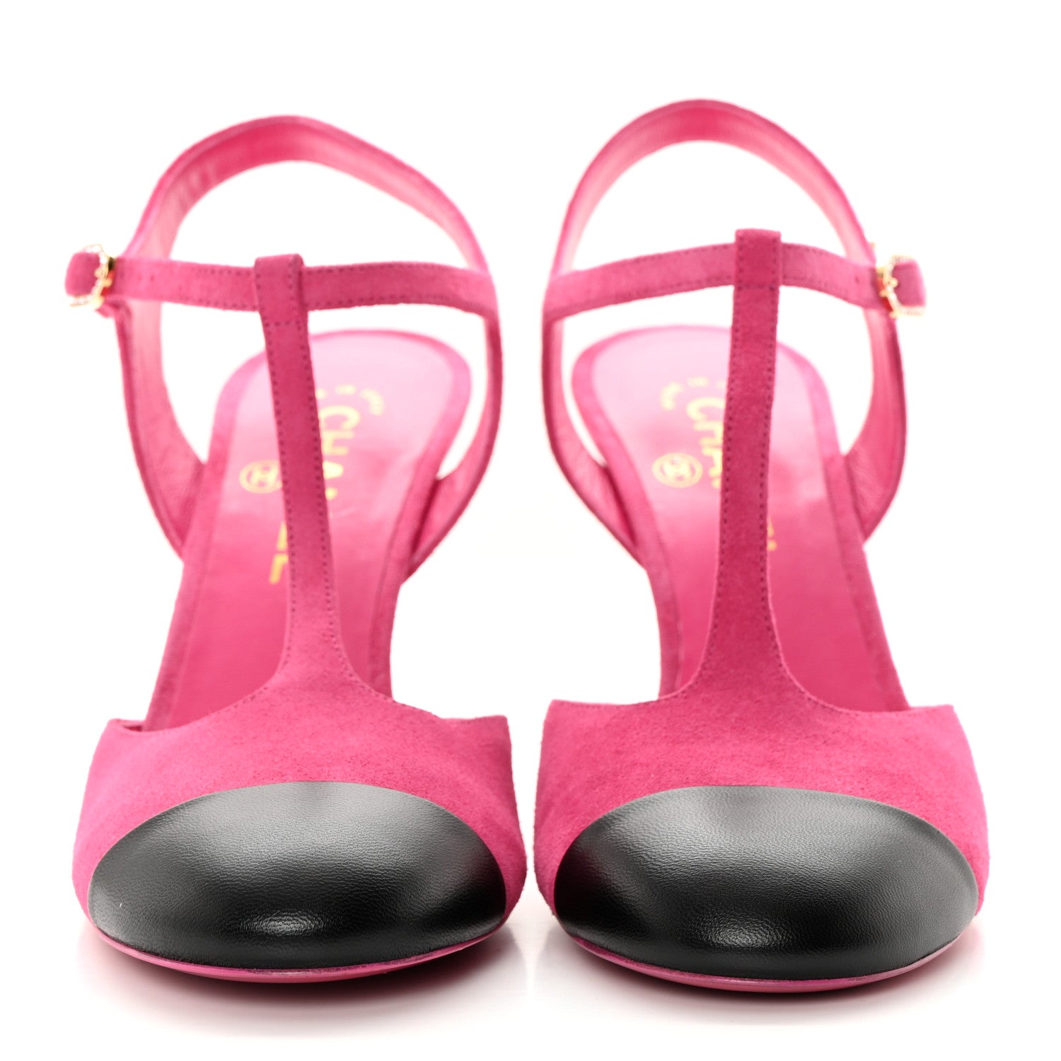 Chanel Suede Lambskin Cap Toe Crystal Slingback Pumps 40 Fuchsia Black 2 of 15