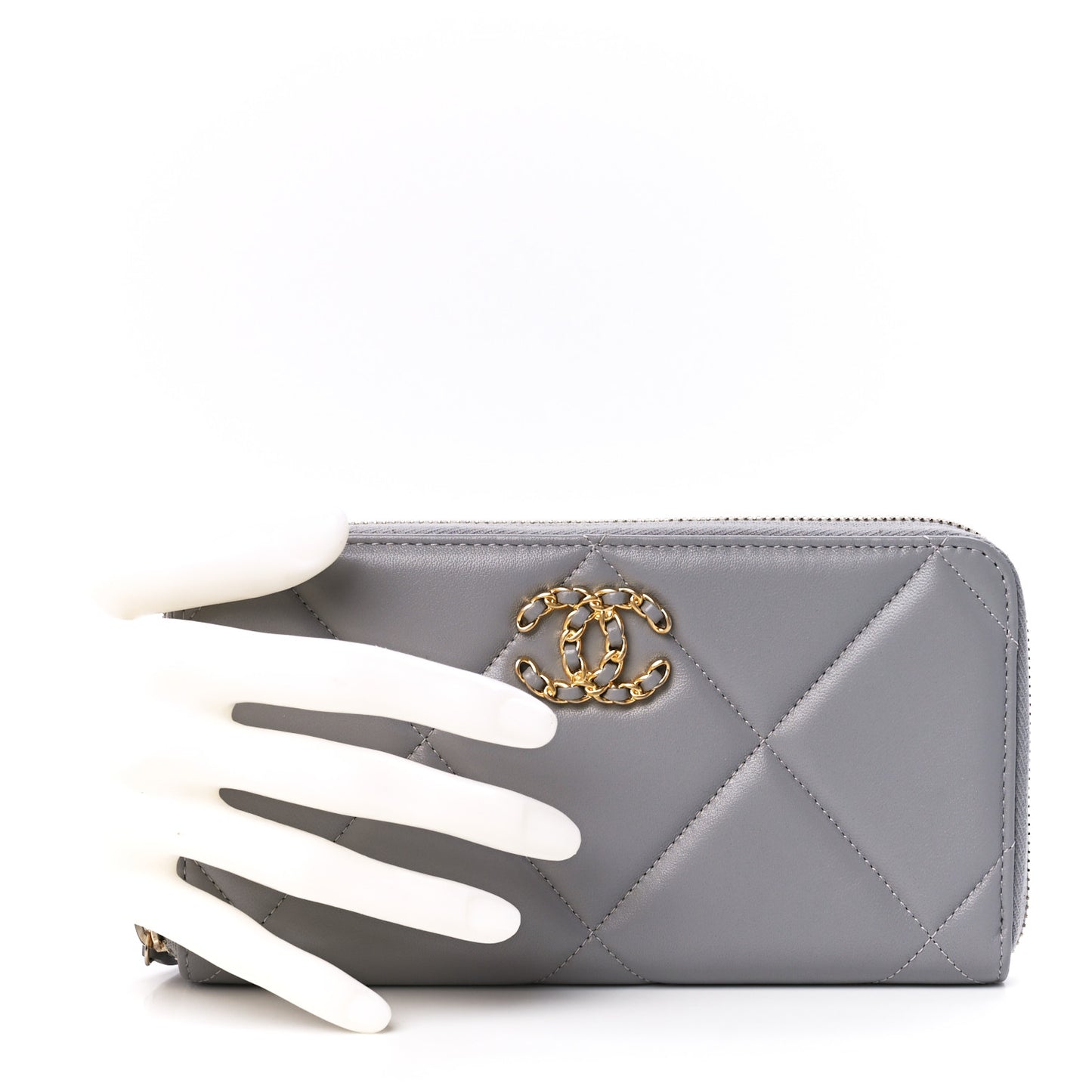 Lambskin Quilted Chanel 19 Long Zipped Around Wallet Grey