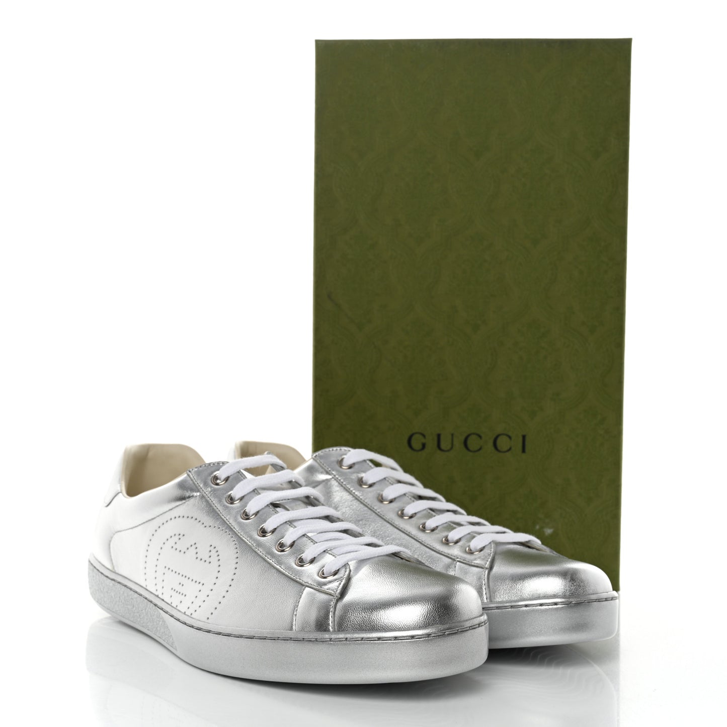 Metallic Nappa Interlocking G Perforated Mens Ace Sneakers 11 Silver