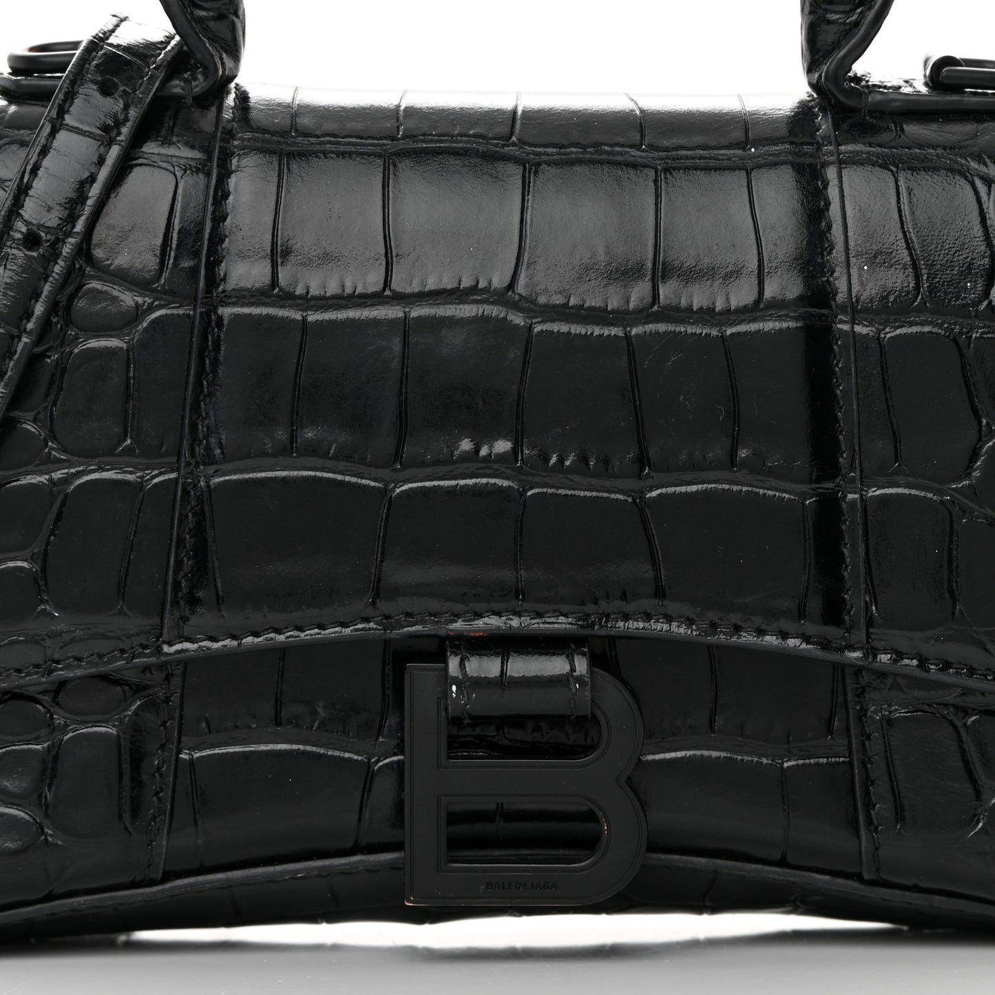 Shiny Calfskin Monochrome Crocodile Embossed Hourglass Top Handle Bag XS Black