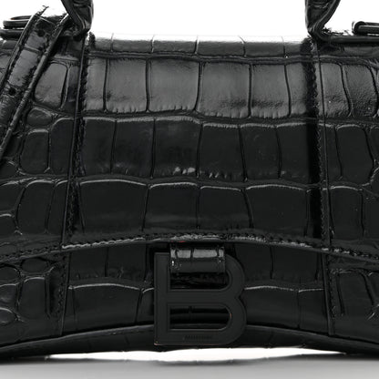 Balenciaga Shiny Calfskin Monochrome Crocodile Embossed Hourglass Top Handle Bag XS Black 9 of 25