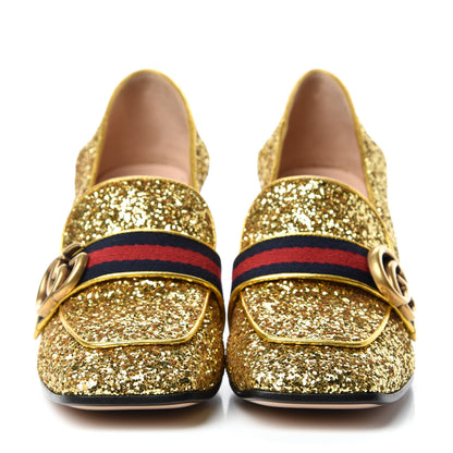 Gucci Glitter Nappa Web Peyton 75mm Loafer Pumps 38.5 Oro Vecchio 2 of 9