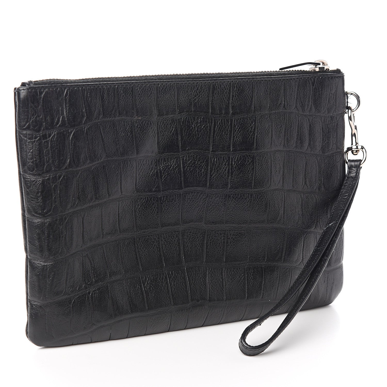 Saint Laurent Calfskin Crocodile Embossed Monogram Zip Pouch Black 2 of 8