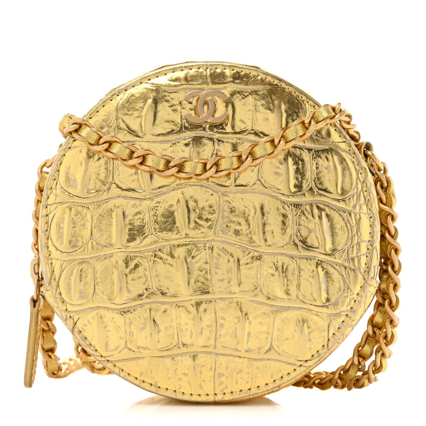 Metallic Calfskin Crocodile Embossed Cocodile Round Clutch with Chain Gold
