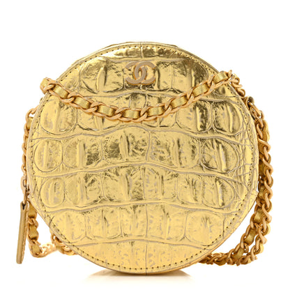 Chanel Metallic Calfskin Crocodile Embossed Cocodile Round Clutch with Chain Gold 1 of 9