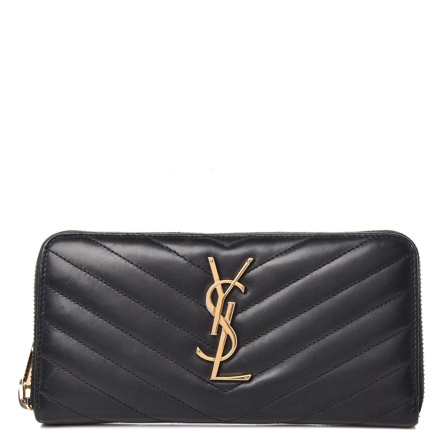 Calfskin Matelasse Chevron Monogram Zip Around Wallet Dark Navy Blue