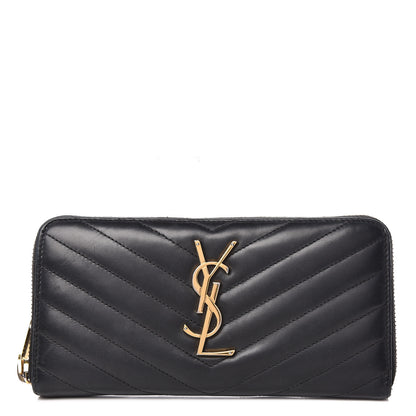 Saint Laurent Calfskin Matelasse Chevron Monogram Zip Around Wallet Dark Navy Blue 1 of 8
