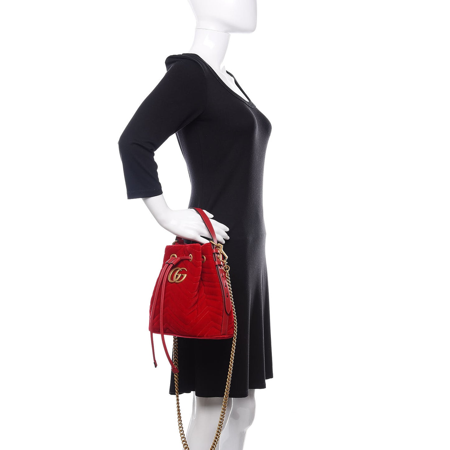 Velvet Matelasse GG Marmont Bucket Bag Hibiscus Red