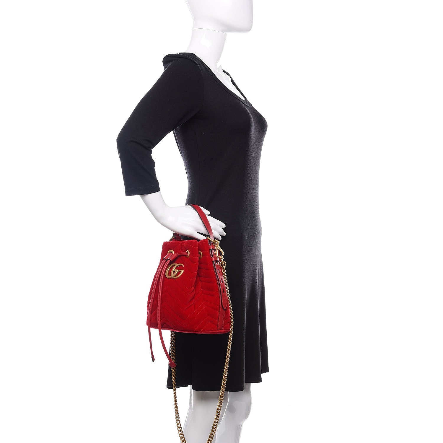 Gucci Velvet Matelasse GG Marmont Bucket Bag Hibiscus Red 3 of 11