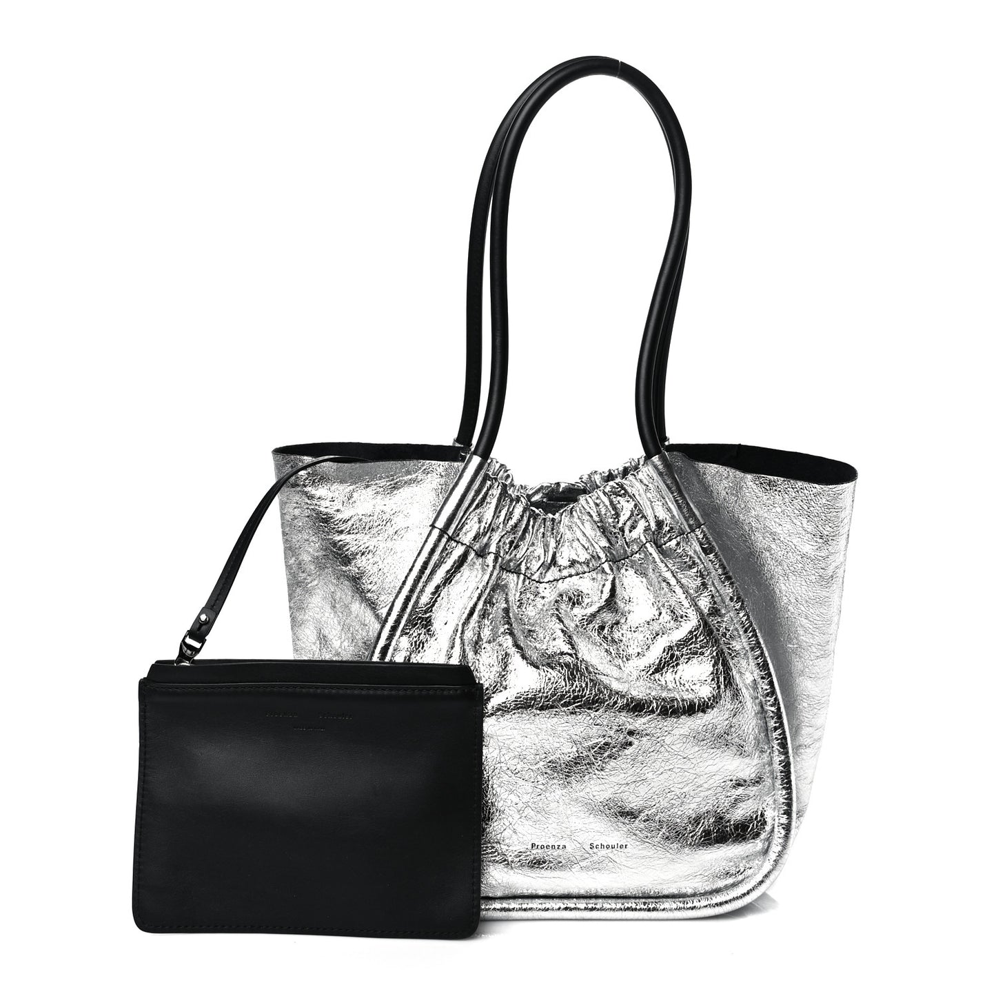 Metallic Calfskin Large Ruched Tote Silver