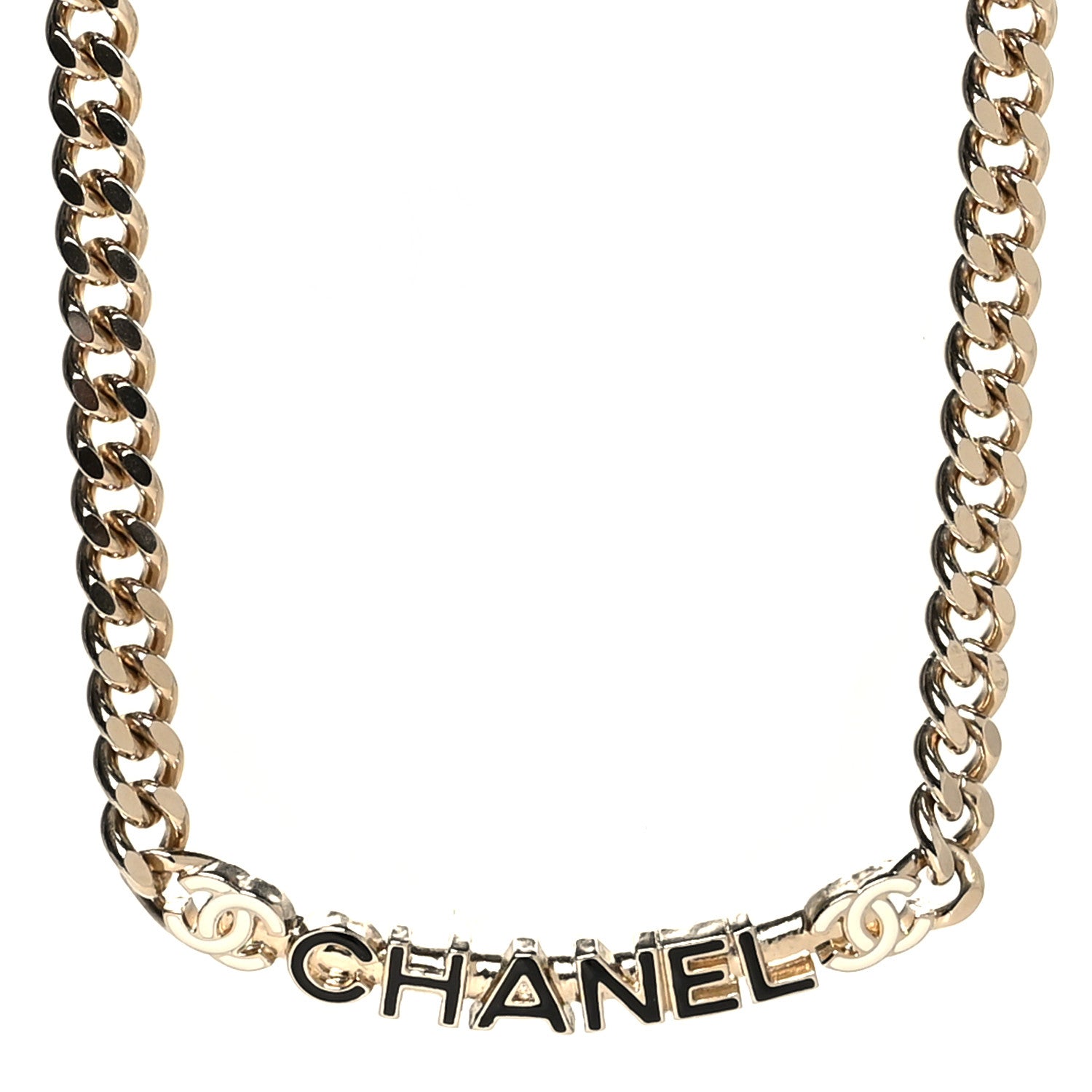 Chanel Enamel Metal Logo Choker Necklace Gold White Black 1 of 5