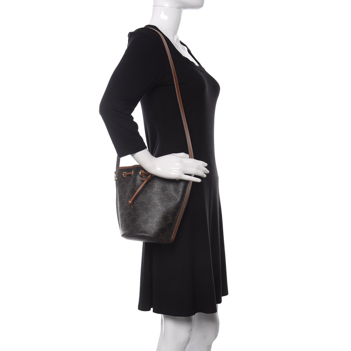 Triomphe Canvas Calfskin Small Drawstring Bucket Bag Tan