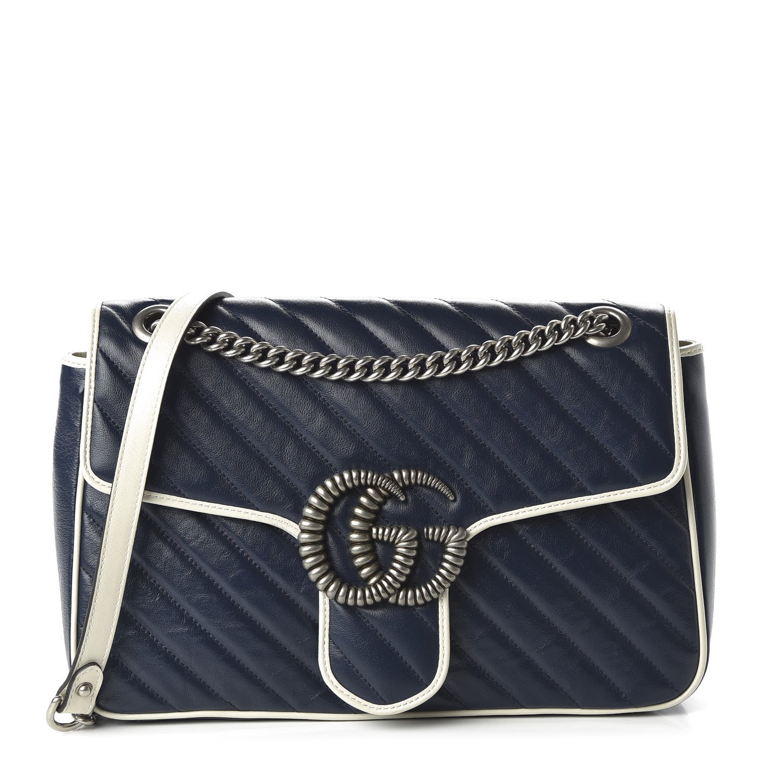 Gucci Vintage Effect Calfskin Matelasse Diagonal Medium Torchon GG Marmont Shoulder Bag Blue Agata Mystic White 1 of 10