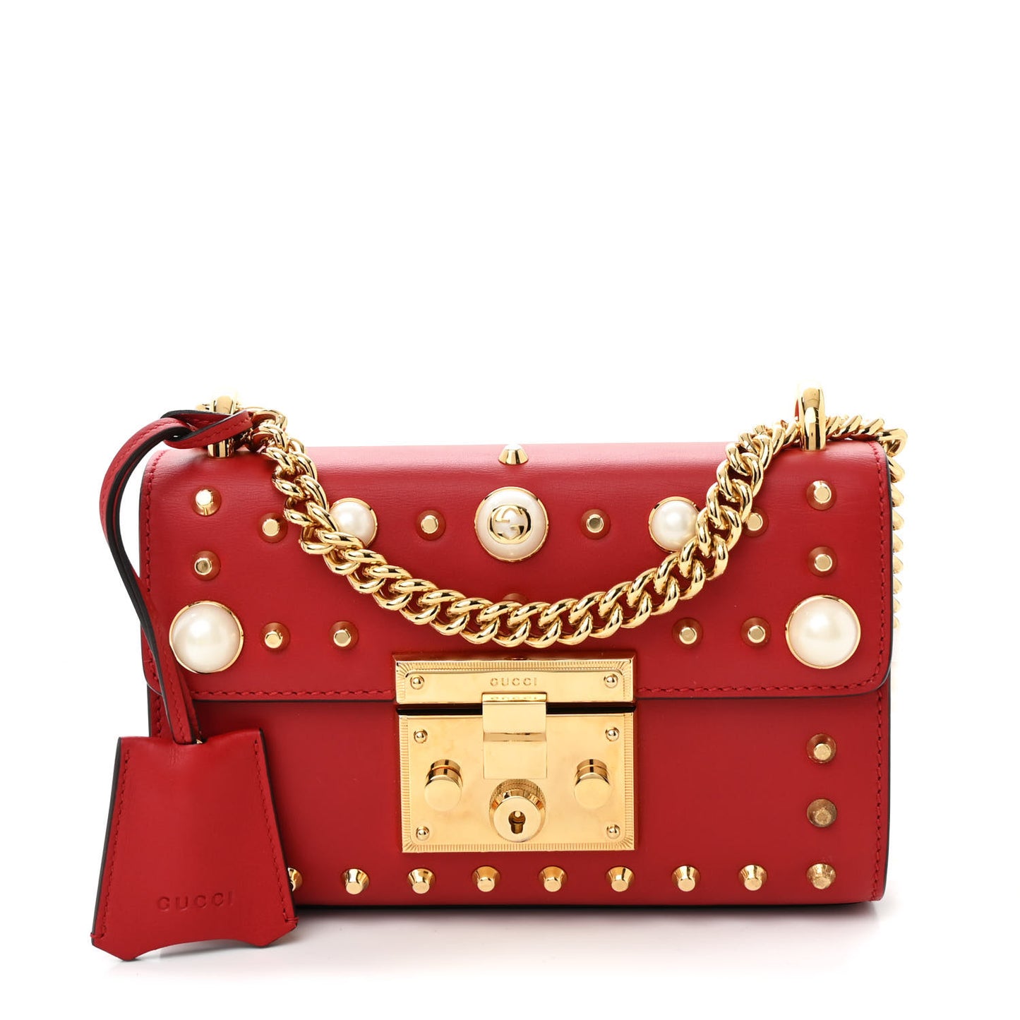 Calfskin Studded Small Padlock Shoulder Bag Hibiscus Red
