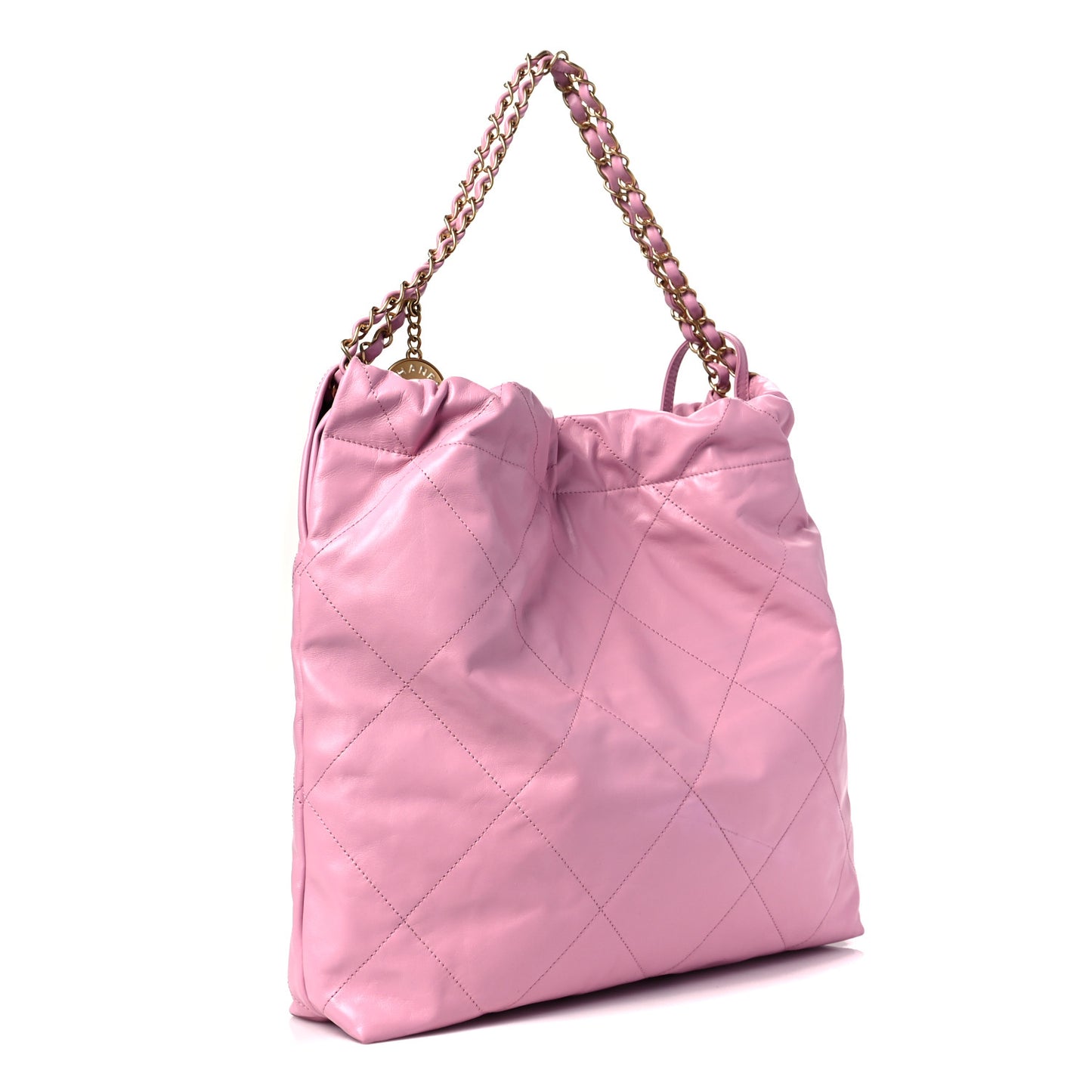 Shiny Calfskin Quilted Chanel 22 Drawstring Bag Pink