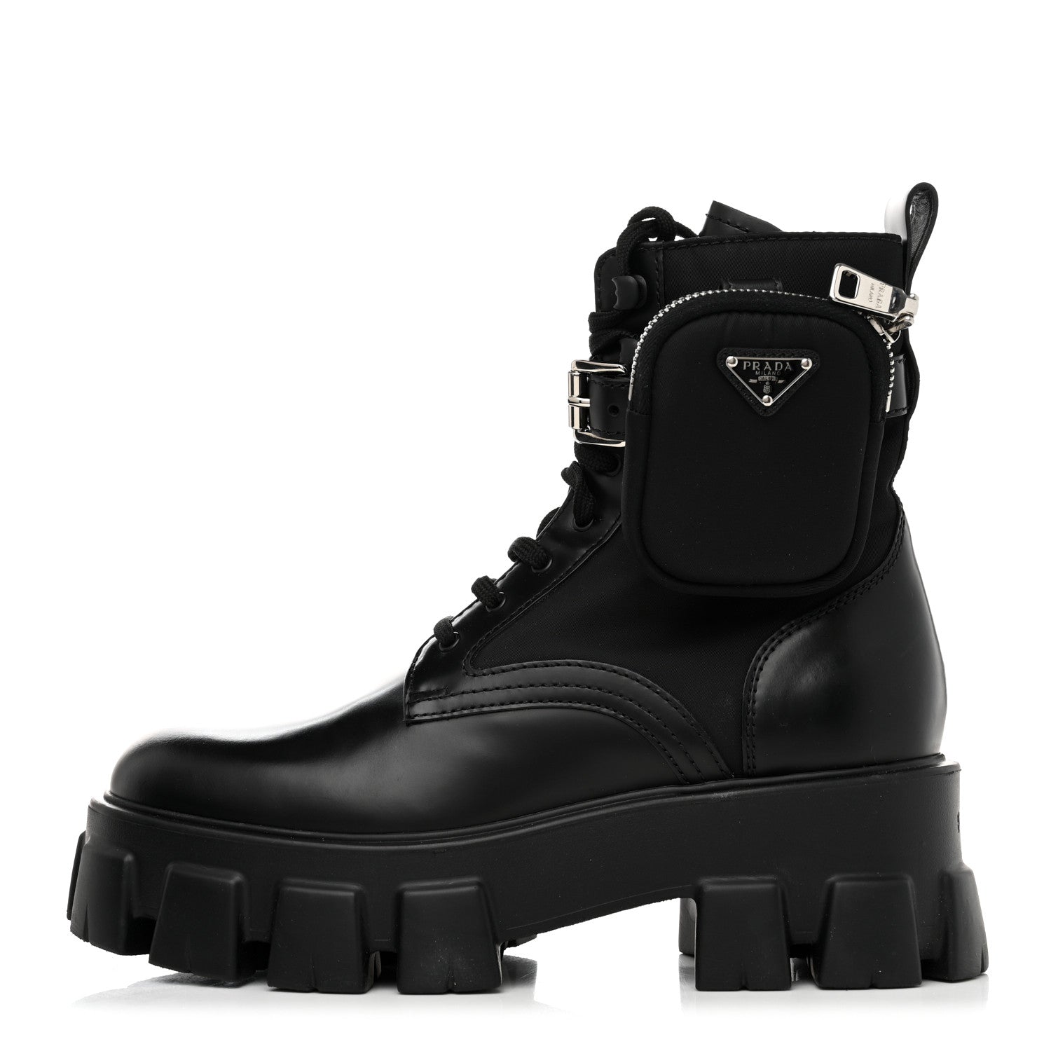 Prada Spazzolato Rois Re-Nylon Metal Triangle Logo Monolith Pouch Pocket 55mm Boots 38.5 Black 1 of 9