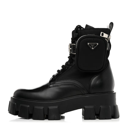 Prada Spazzolato Rois Re-Nylon Metal Triangle Logo Monolith Pouch Pocket 55mm Boots 38.5 Black 1 of 9
