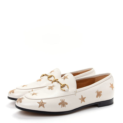 Gucci Goatskin Bee Star Embroidered Womens Jordaan Loafers 38.5 Mystic White 3 of 11