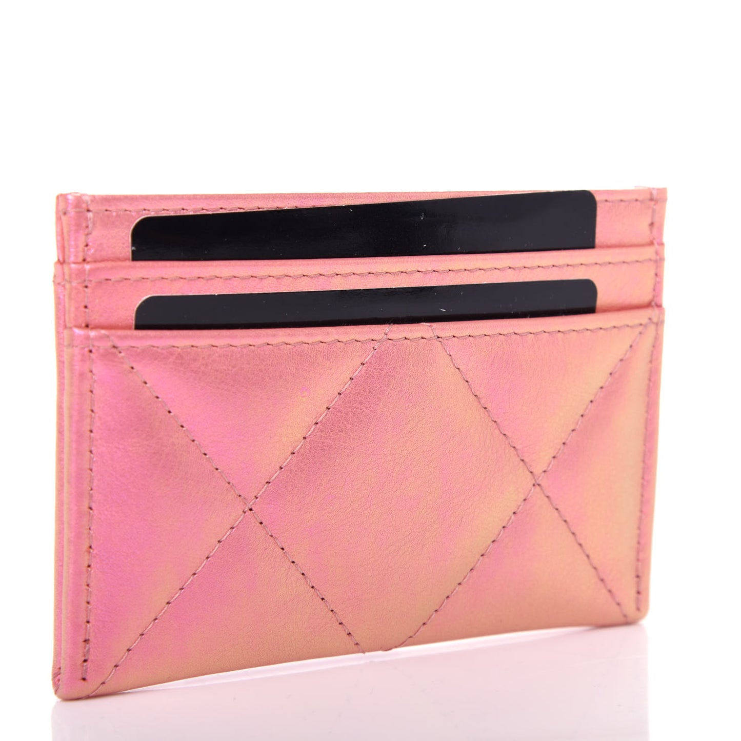 Iridescent Calfskin Quilted Chanel 19 Card Holder Pink