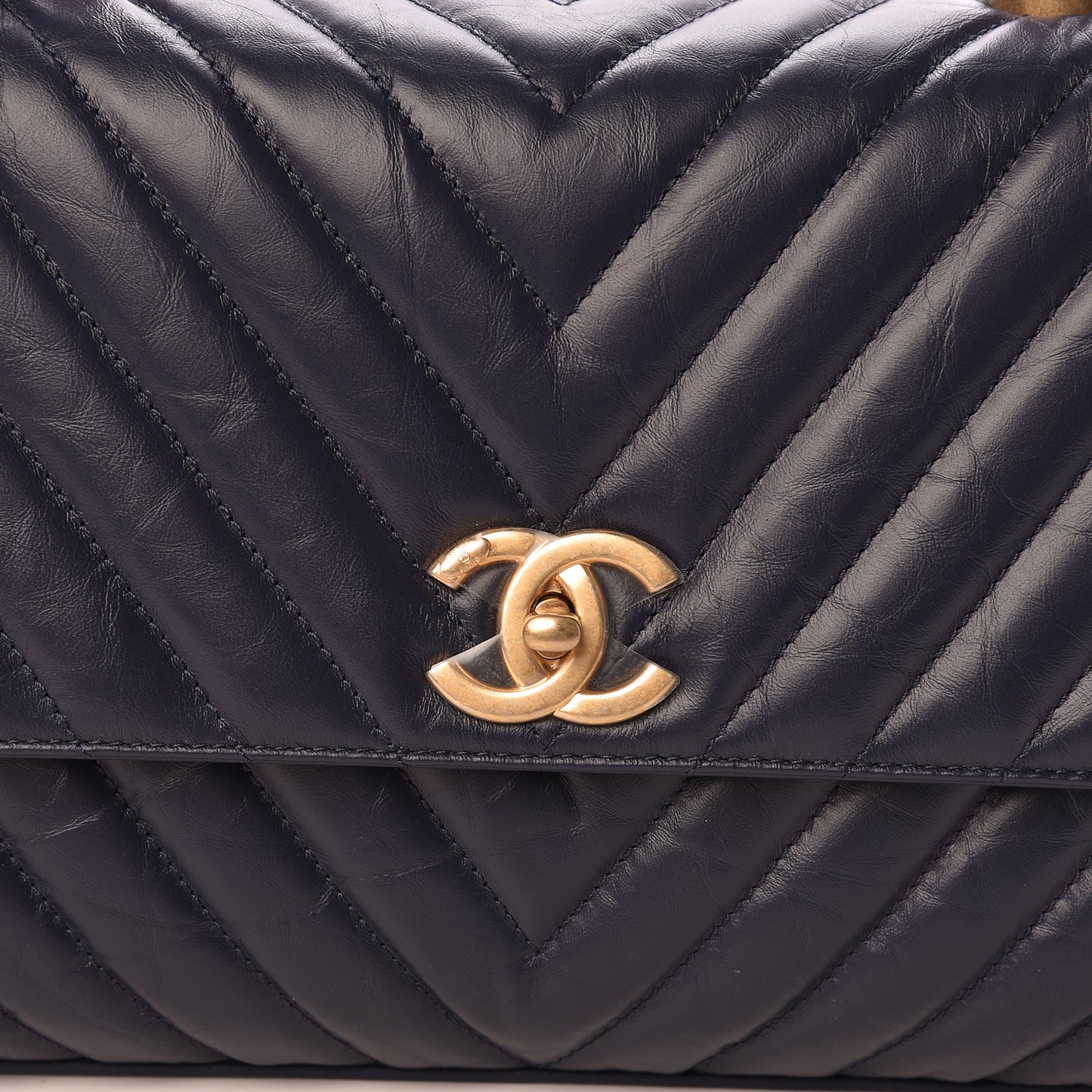 Aged Calfskin Elaphe Chevron Quilted Small Coco Handle Flap Navy