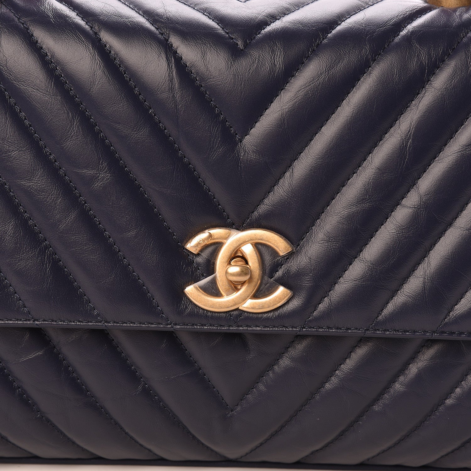 Chanel Aged Calfskin Elaphe Chevron Quilted Small Coco Handle Flap Navy 8 of 12