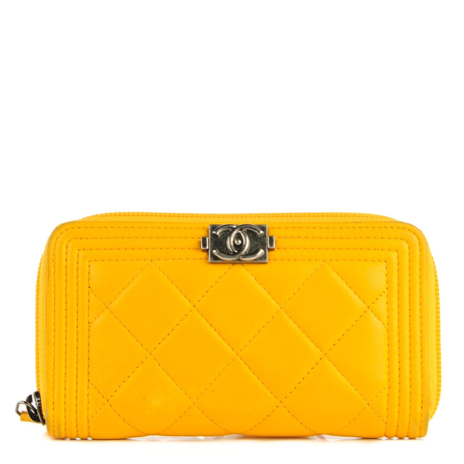 Chanel Lambskin Quilted Small Boy Zip Around Wallet Yellow 2 of 18