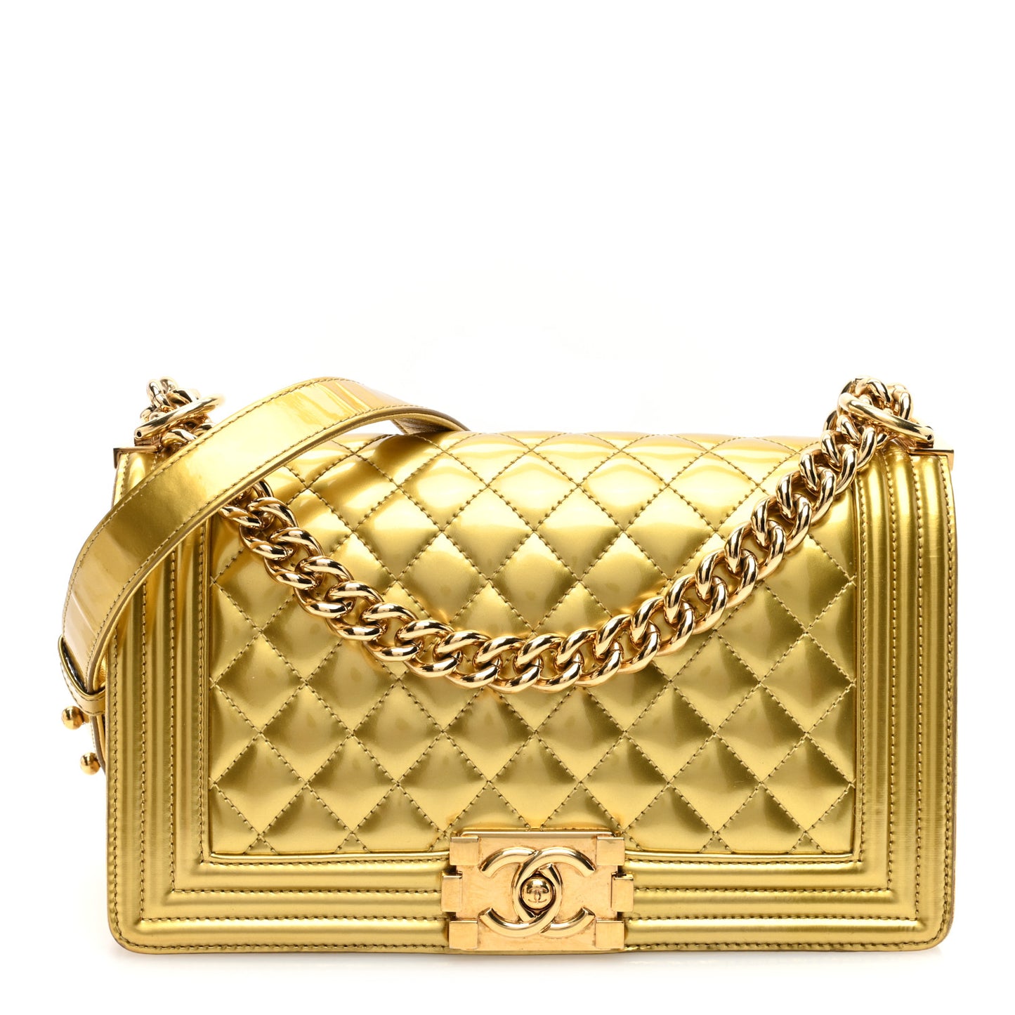 Metallic Patent Calfskin Quilted Medium Boy Flap Gold