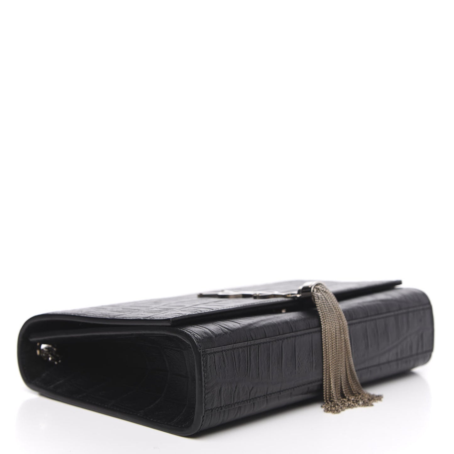Calfskin Crocodile Embossed Medium Classic Monogram Kate Tassel Satchel Black