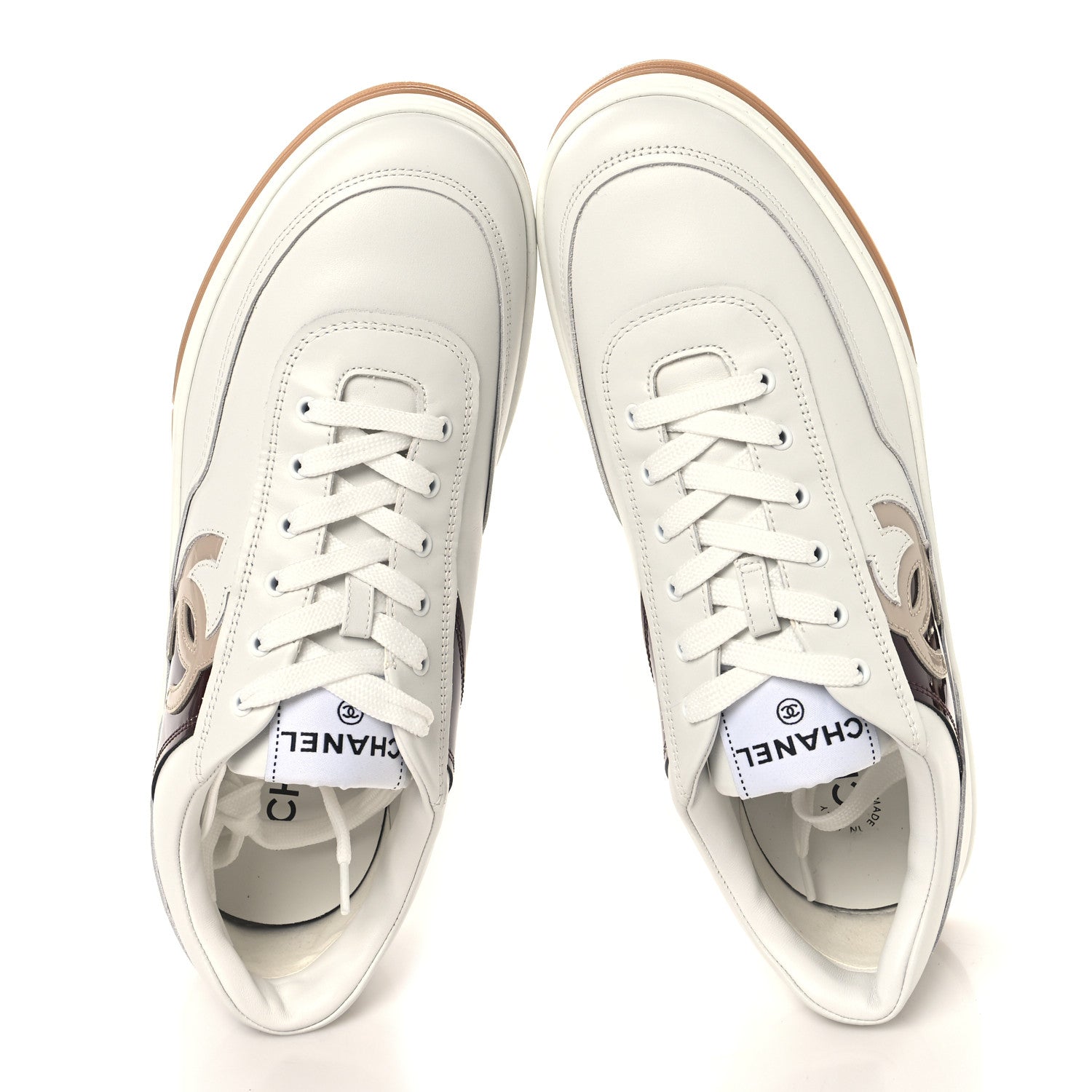 Chanel Calfskin Patent Womens CC Sneakers 41 White Burgundy Beige 2 of 9