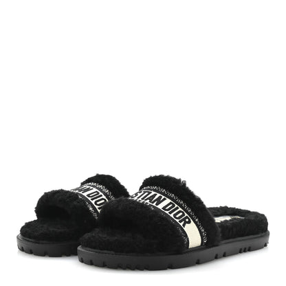 Christian Dior Shearling Canvas Lurex Embroidered Dway 10mm Slide Sandals 40 Black Natural 4 of 9