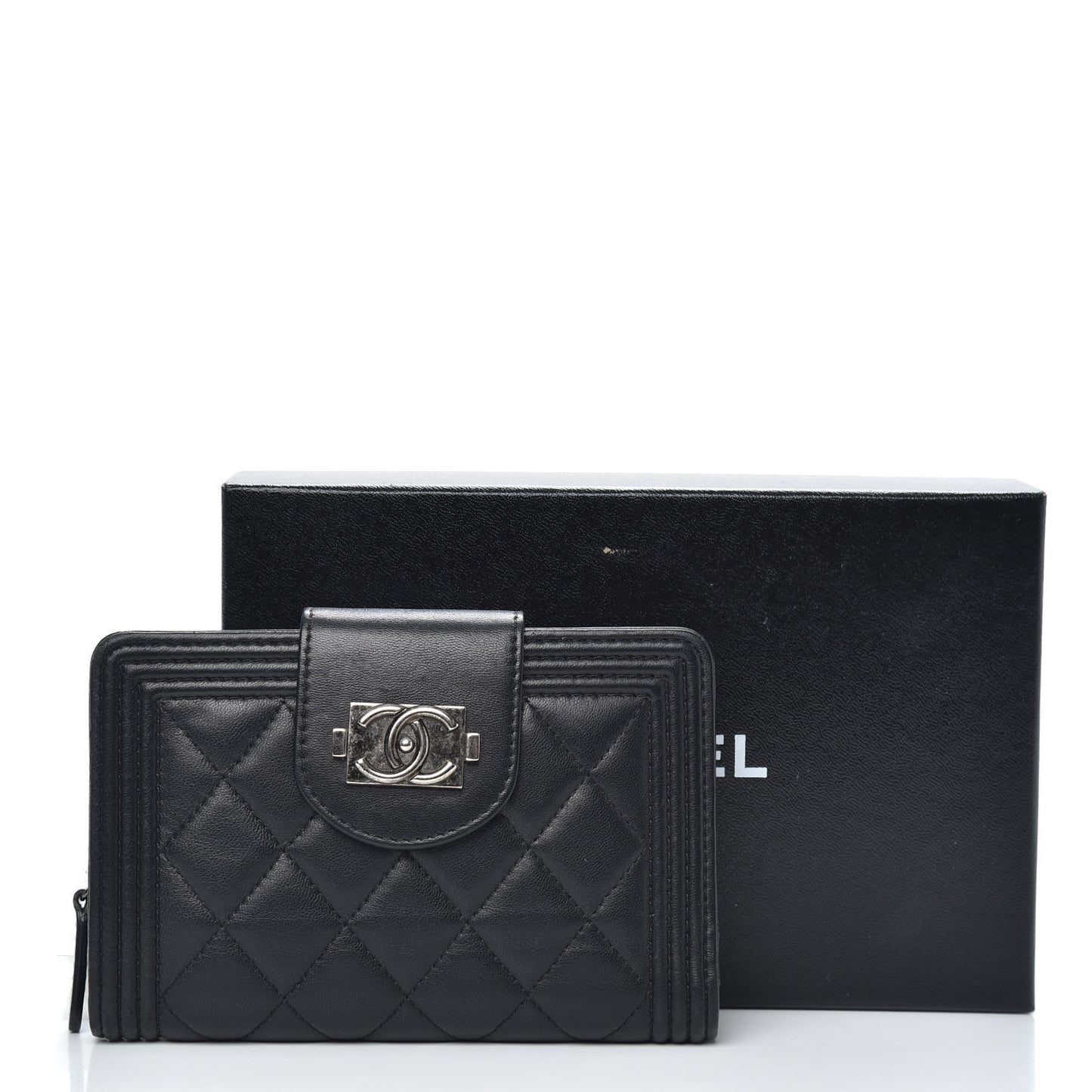 Lambskin Quilted Boy Large Zip Pocket Wallet Black