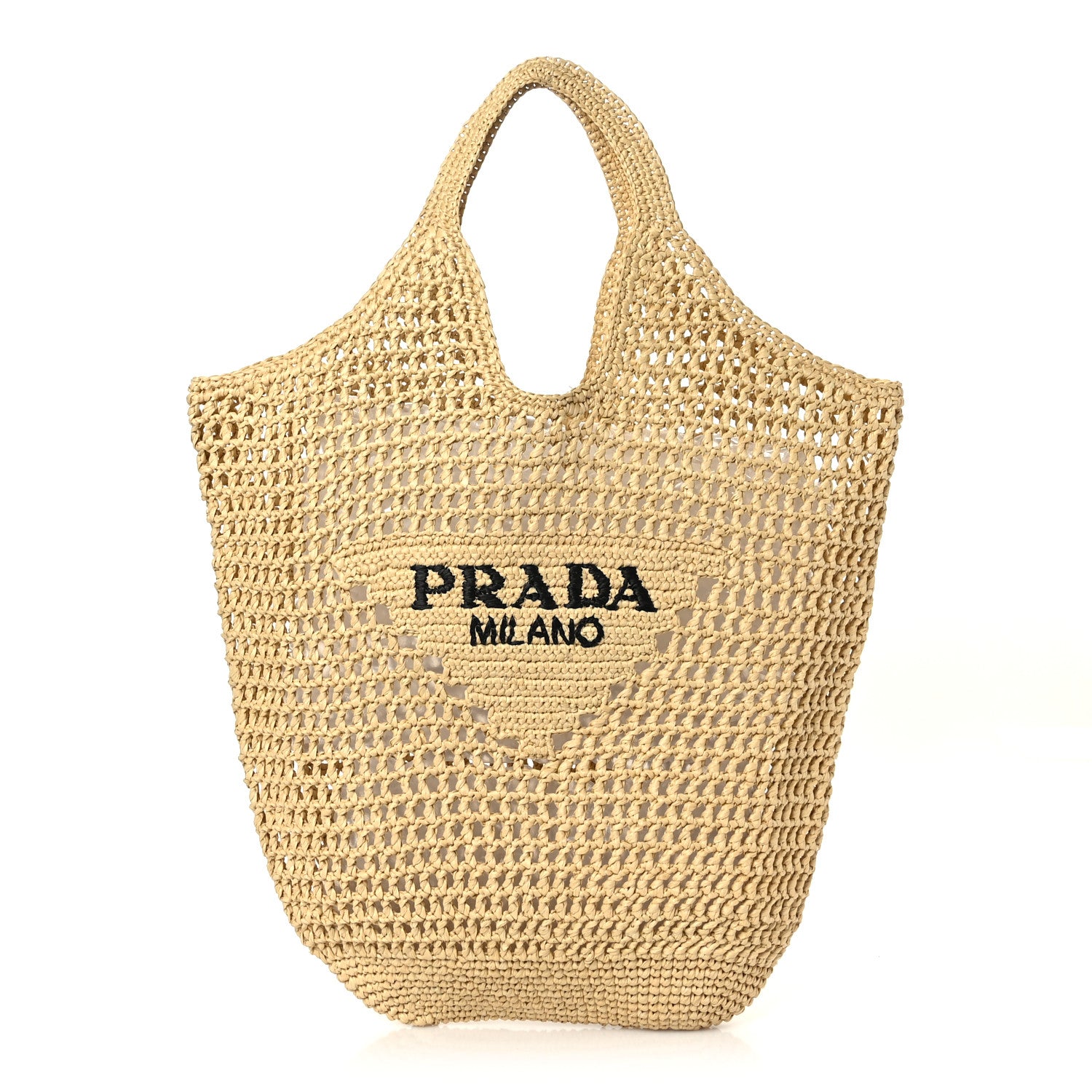 Prada Yarn Raffia Effect Crochet Logo Embroidered Shopping Tote Bag Naturale 1 of 8